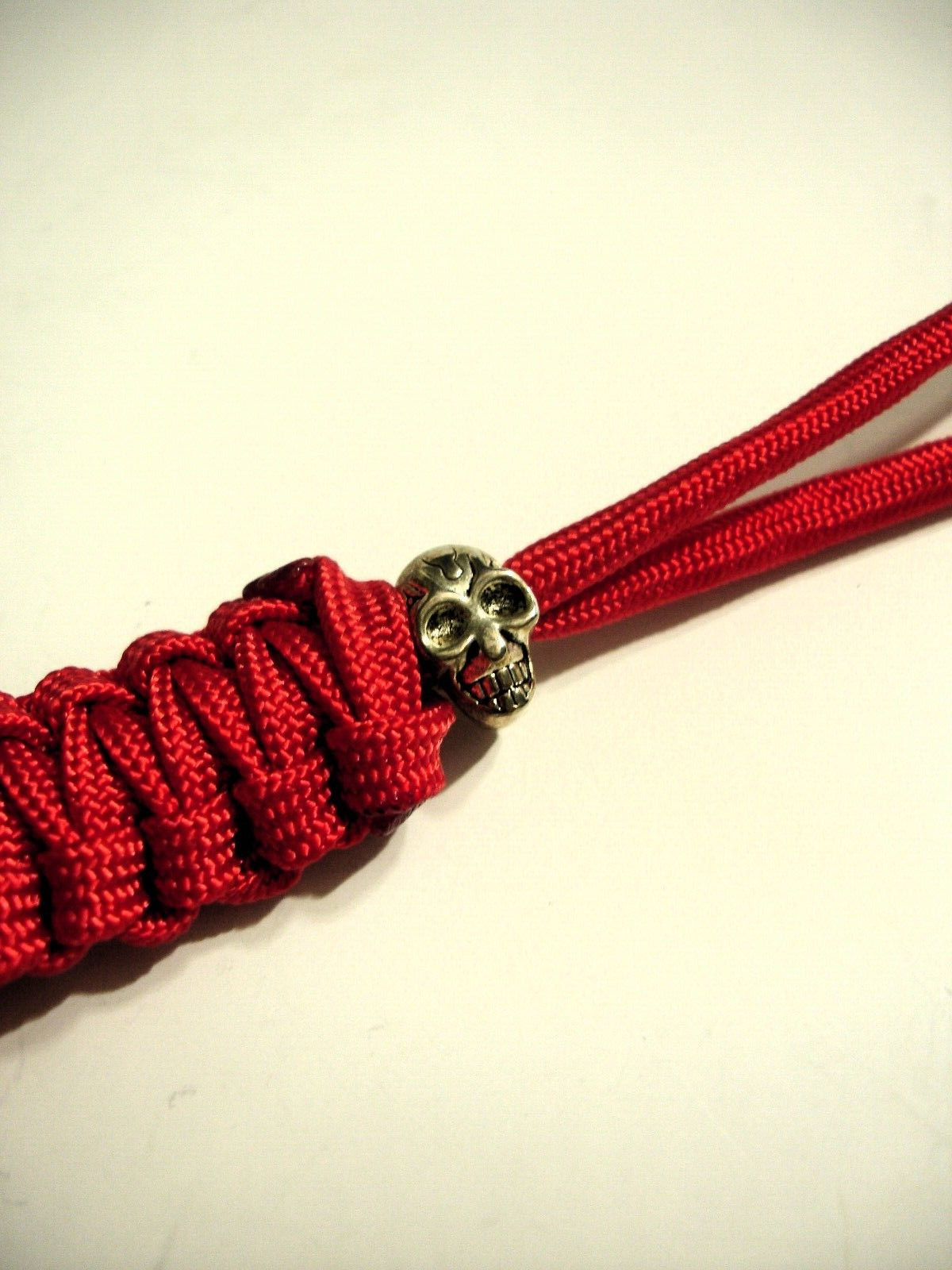 HANDMADE (by me) RED 550 PARACORD KNIFE LANYARD SILVER METAL SKULL BEAD USA MADE