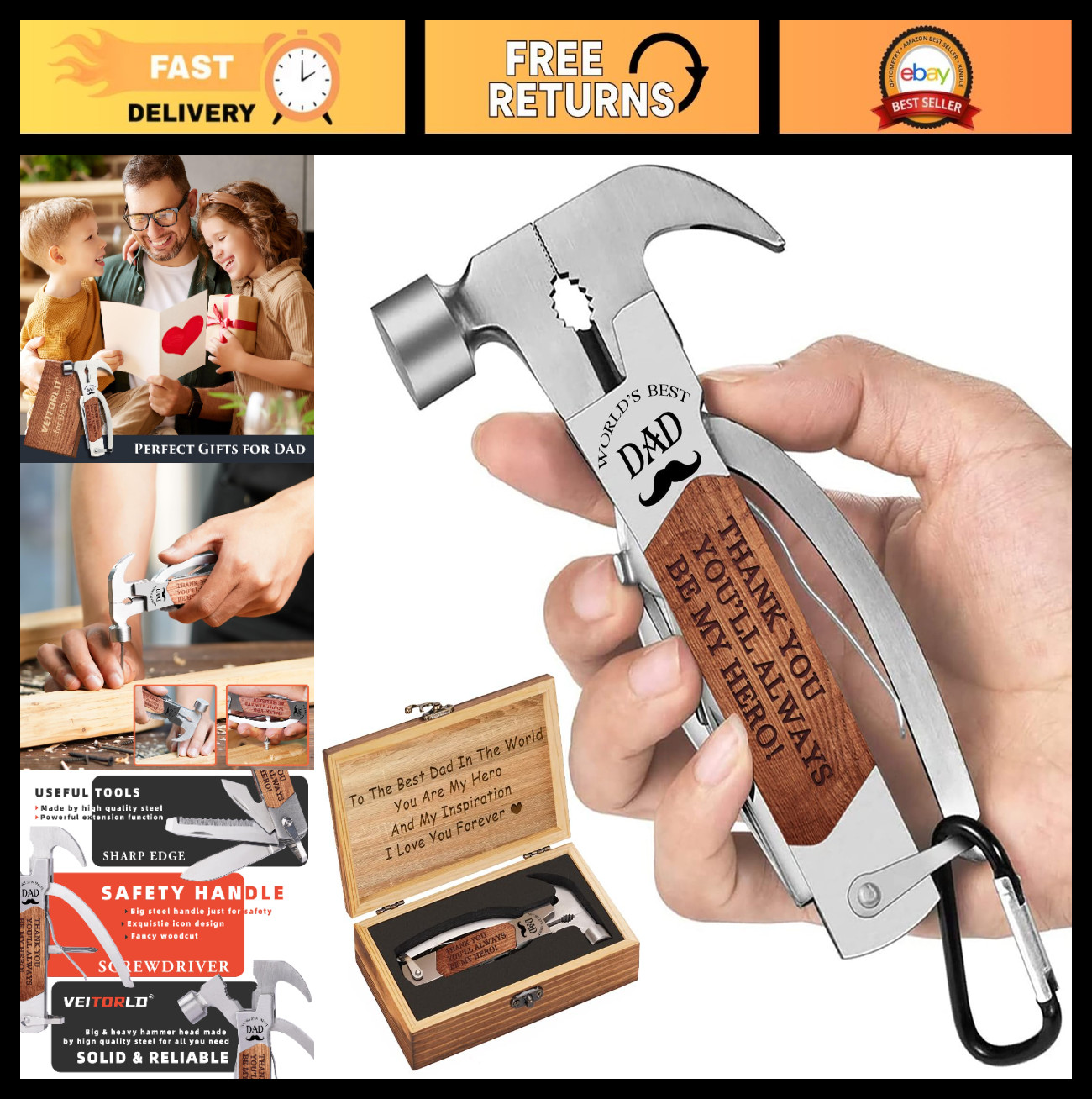 All-in-One Multitool Hammer with Engraved Box – Unique Father’s Day Gift, Cool G