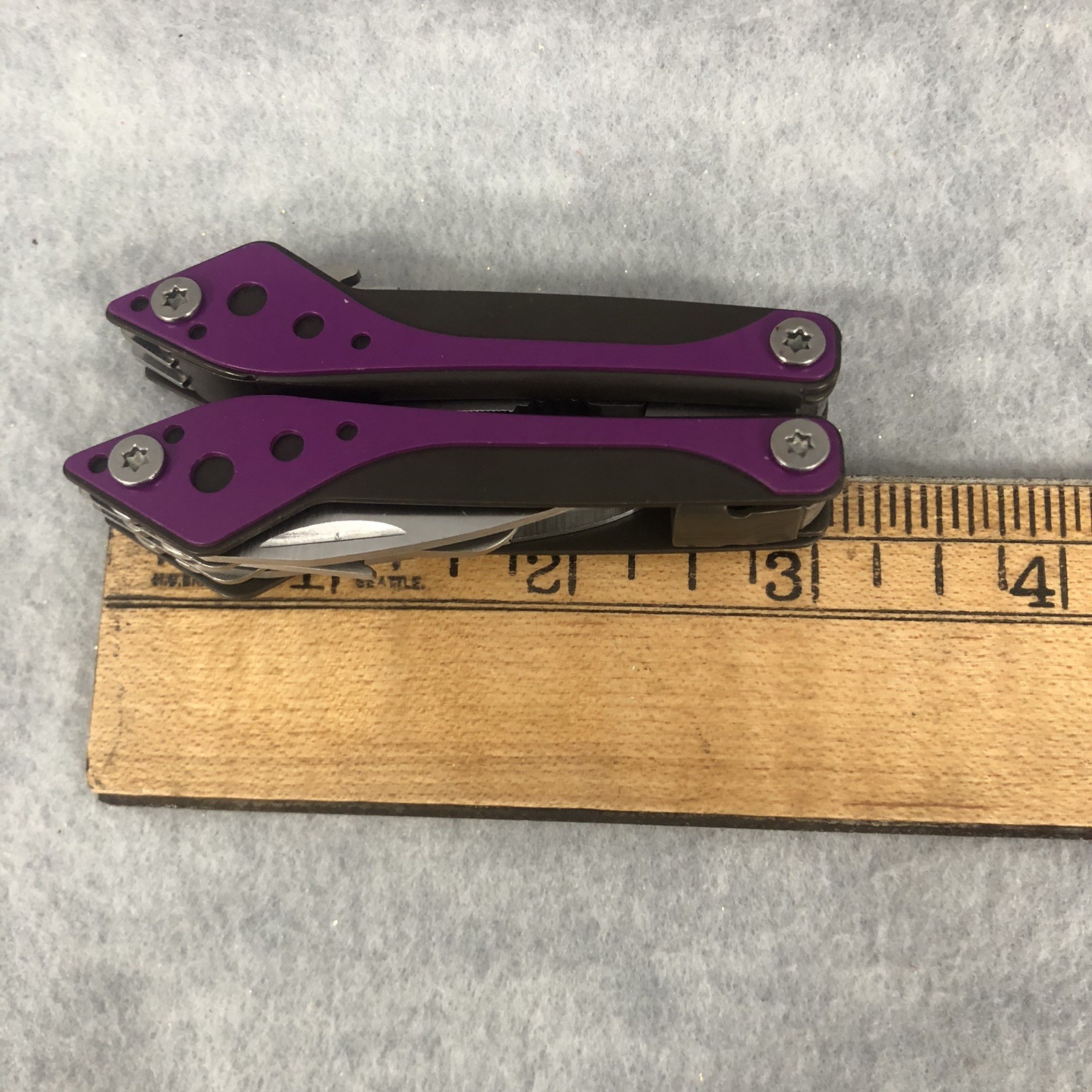 Cabela’s Multi-Tool Purple 3” Closed With Black Nylon Case With Belt Loop Clean