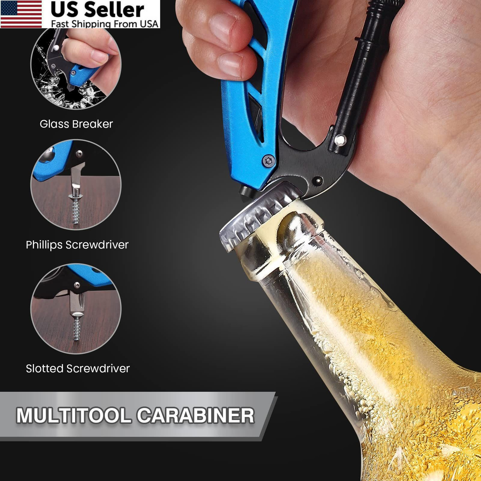 FUNBRO EDC Multitool Carabiner with Knife, Bottle Opener, Window Breaker Blue