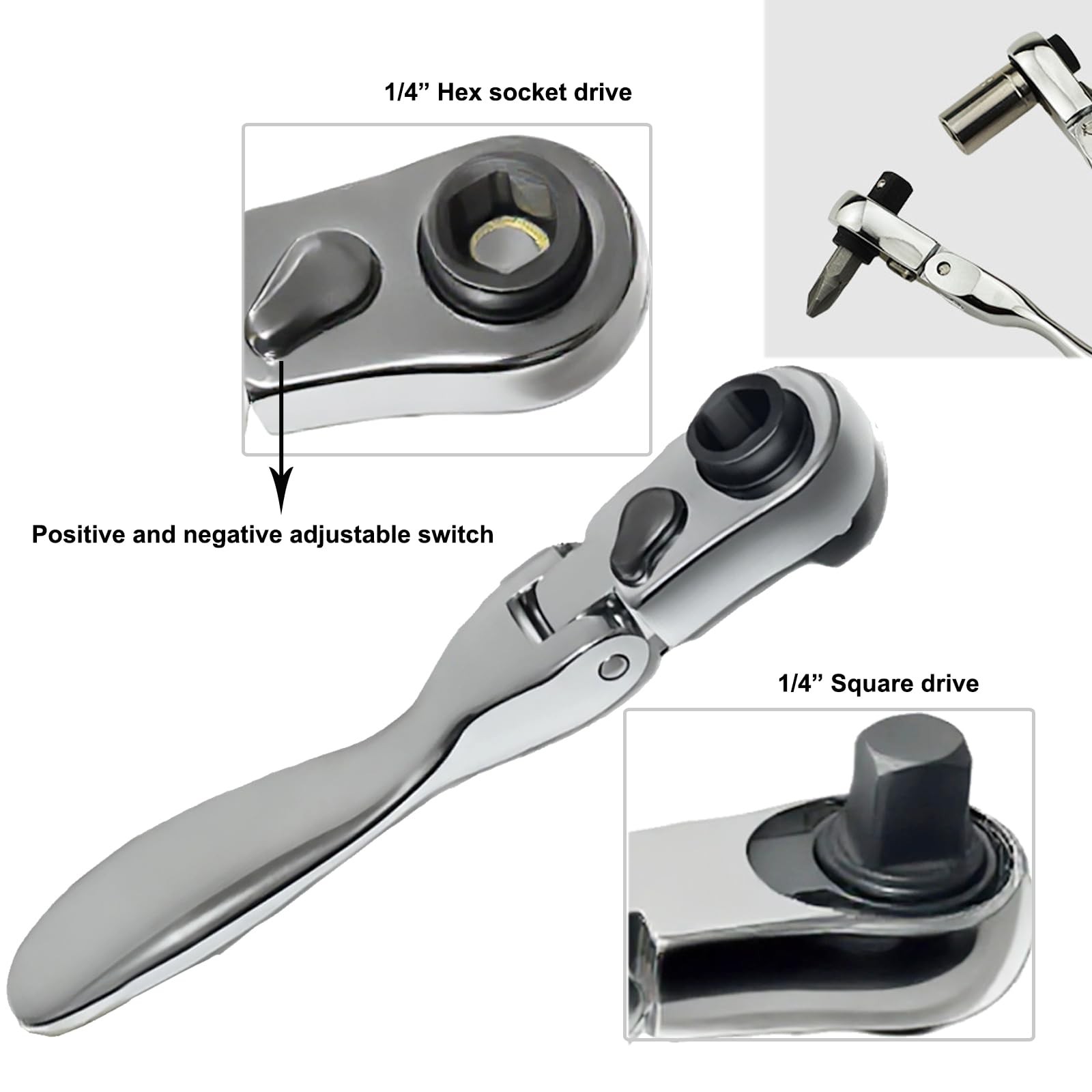 2-in-1 Flex-Head 1/4″ Ratchet Wrench 72-Tooth Reversible, Mini Socket & Hex B…