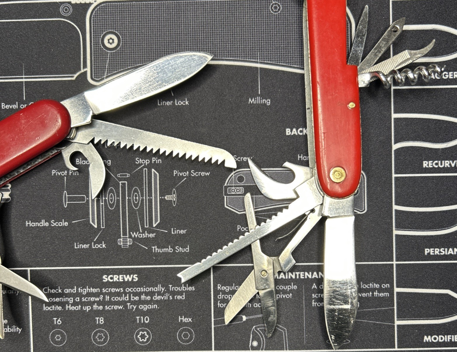Lot Of 3 Vintage Japan Red Multi Tool Folding Knives Good USED Tools Clean Sharp