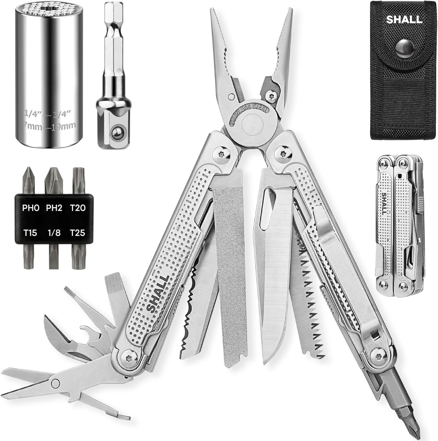 Multi Tool 18-in-1 Stainless Steel Pocket Knife with Screwdriver Bits Universal