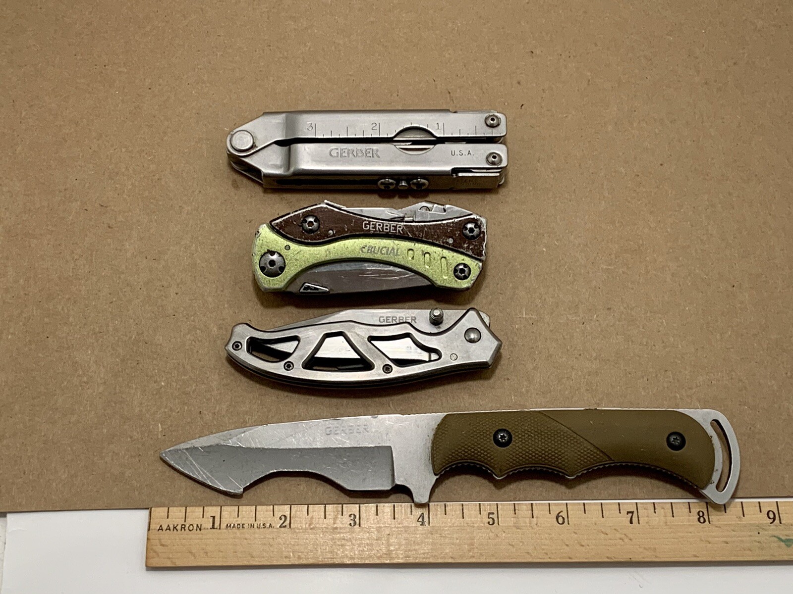 4 Gerber Knives: Blunt Nose MP400 Multi-Tool, Crucial, 7” Paraframe, 8” Fixed