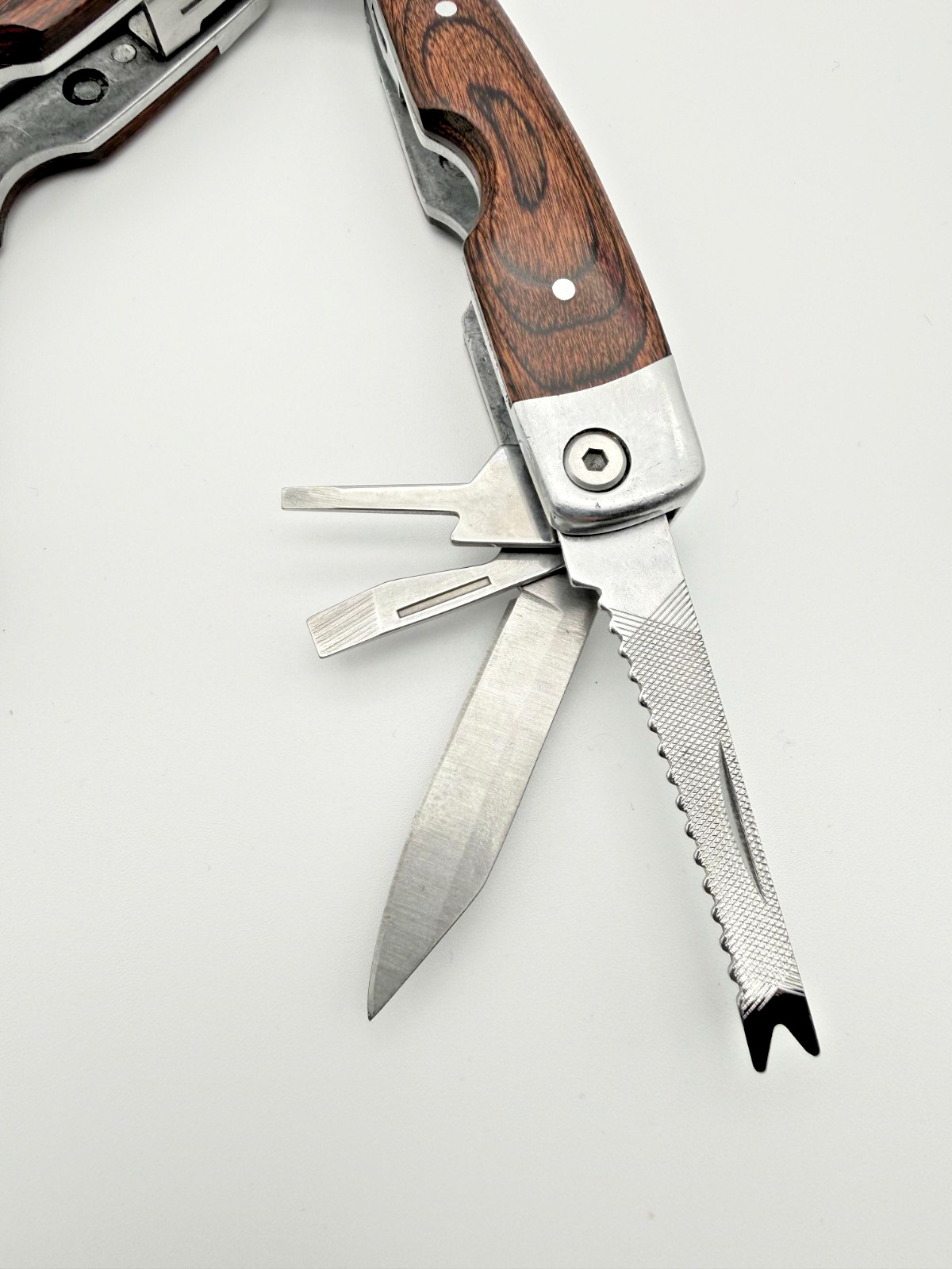 Stainless Steel Multi Tool Pliers Knife Saw Screwdrivers Wood Handle EDC
