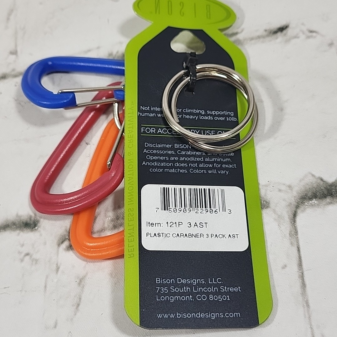 Bison Innovation Carabiner Clips Set Of 3 Plastic Color-Coded Hiking Camping New