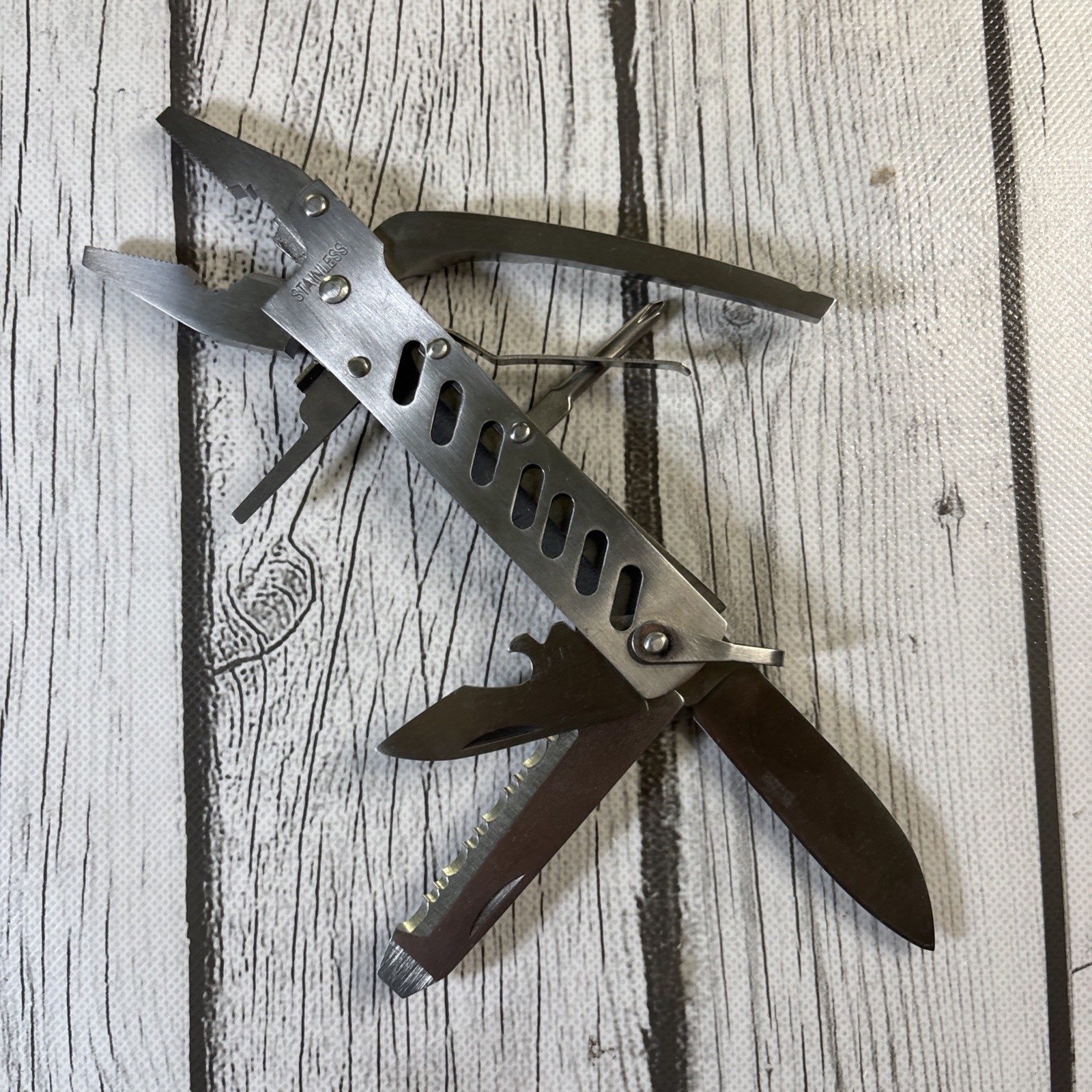 Vintage Stainless Steel Pliers Multi Utility Tool Set with Canvas Sheath.