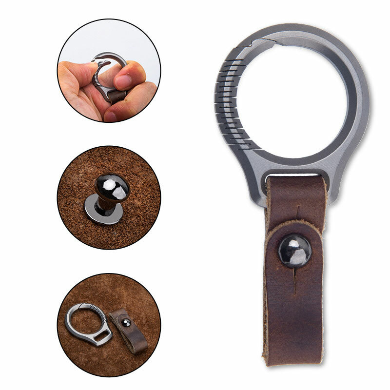 Titanium Alloy + Leather Keychain Portable Removable Key Ring Pendant EDC Tool