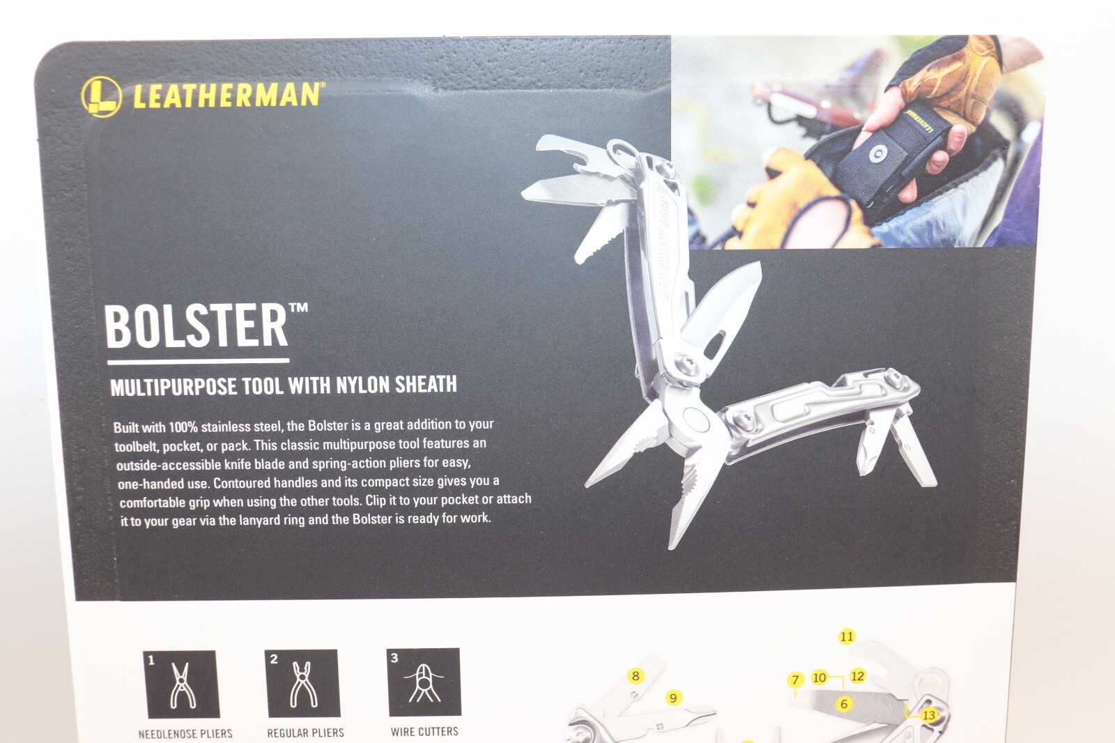LEATHERMAN BOLSTER 13 TOOL MULTI-TOOL W/SHEATH NIB! 25 YEAR WARRANTY MADE USA