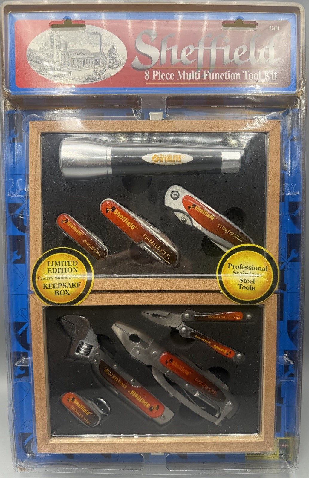 Sheffield 8 Pc Tool Kit Pocket Knife flashlight Pouch 12401 – New, Sealed W/ Box