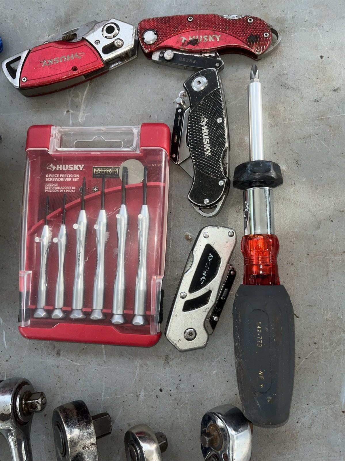 Lot of 49 Hand Tools Husky Tool Company Ratchet Screwdriver Utility Knives Allen