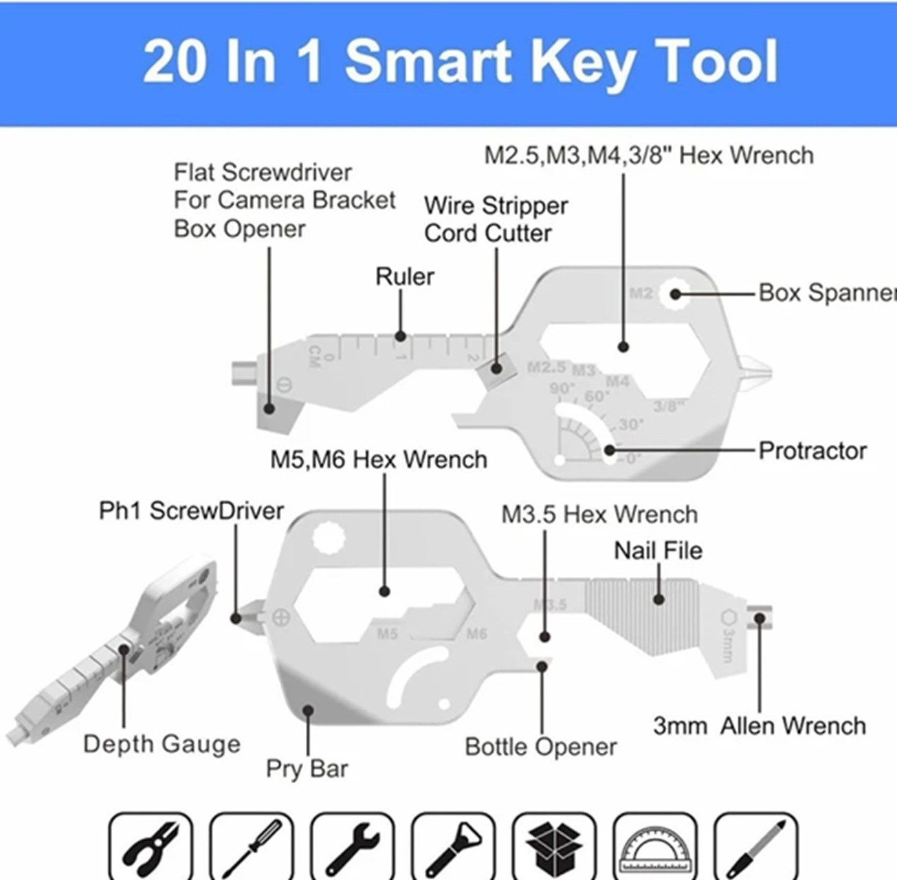 SUPUSE 20-in-1 Key Shaped Multitool, Stainless Steel Pocket Tool, Keychain NEW