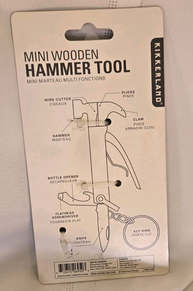 Kikkerland Wood Mini Hammer Tool 7-in-1 Multi Tool Mini Hammer KR13-W Utility