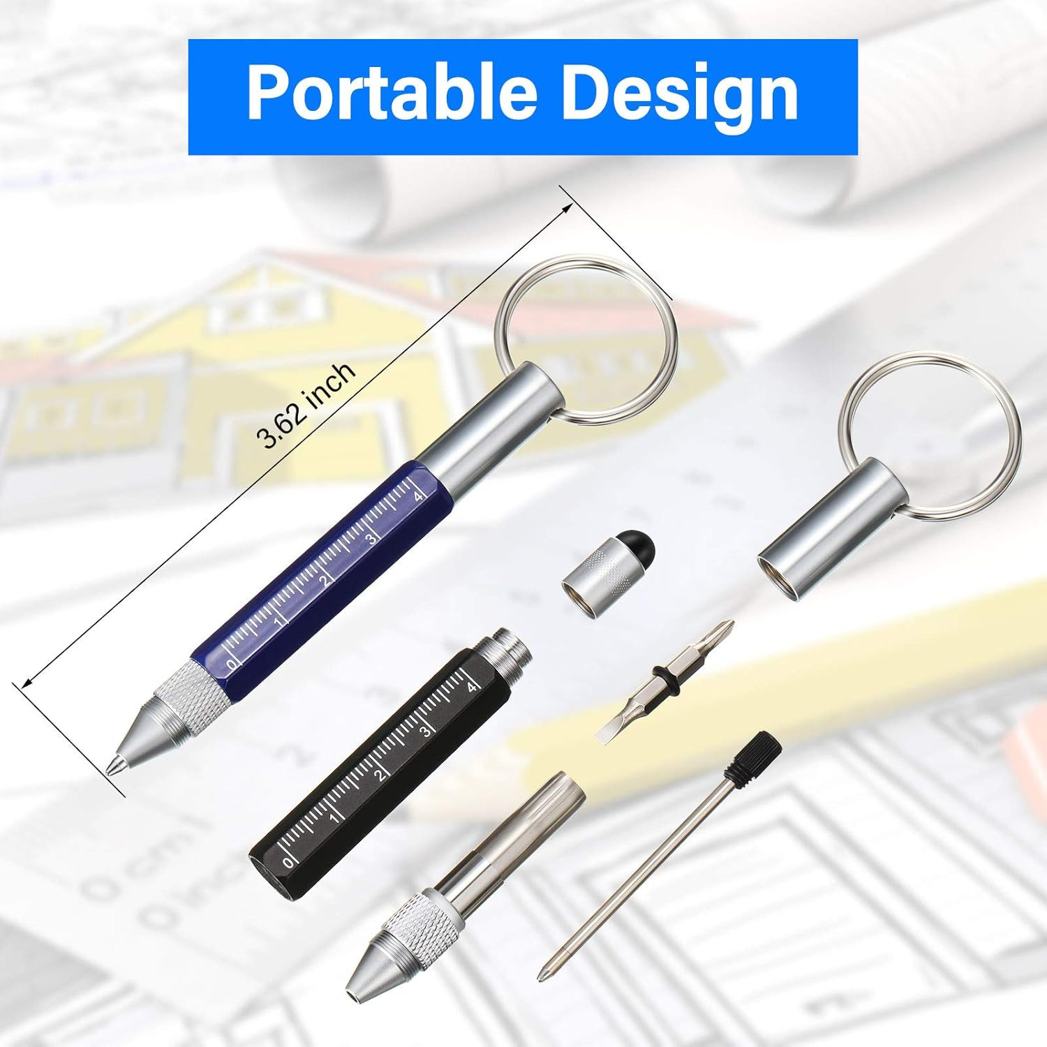 4 Pieces 6 in 1 Multitool Tech Tool Pen Key Ring Screwdriver Pen with Ruler, Two