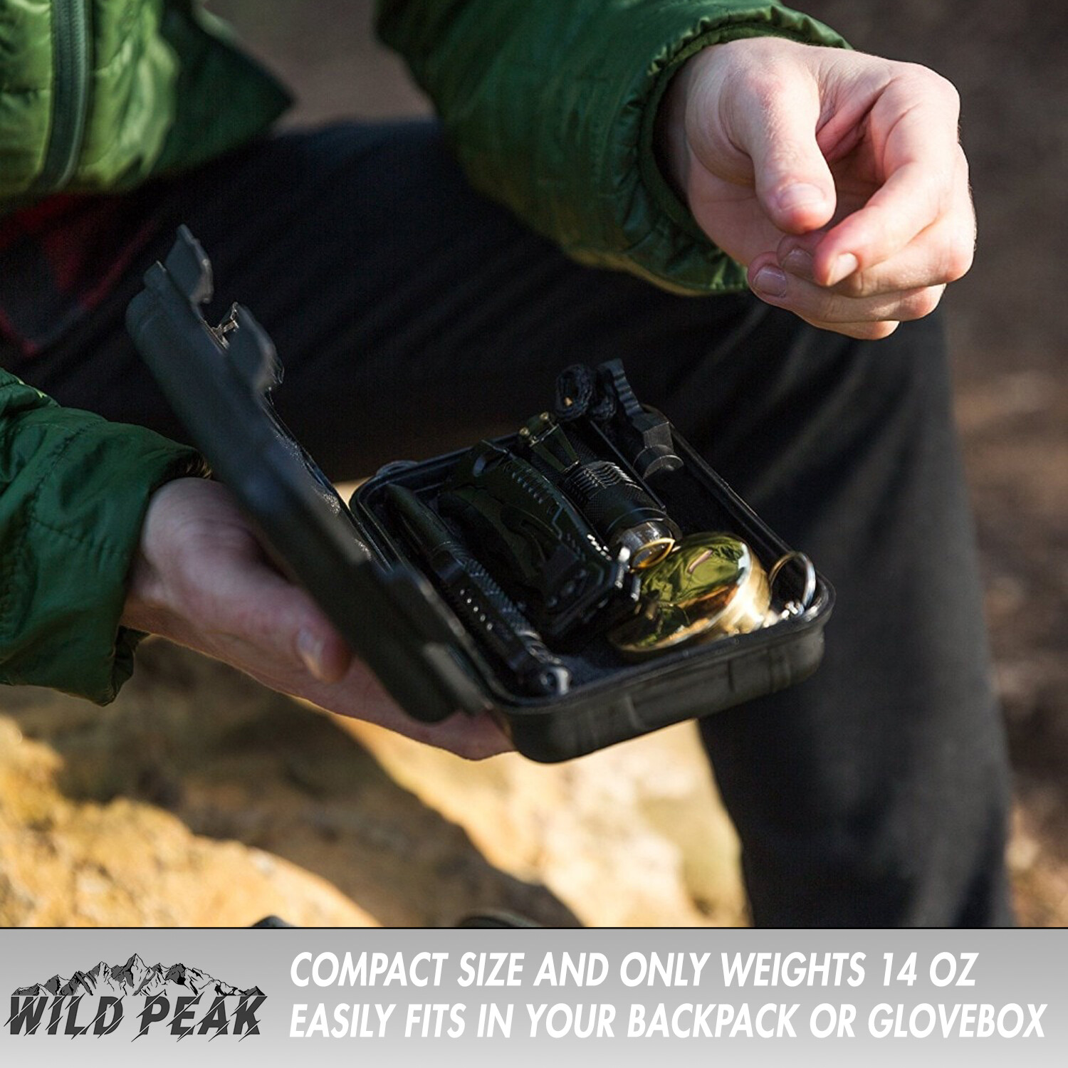 Wild Peak PREPARE-1 Survival Kit with Flashlight, Compass, Knife, Whistle, Card