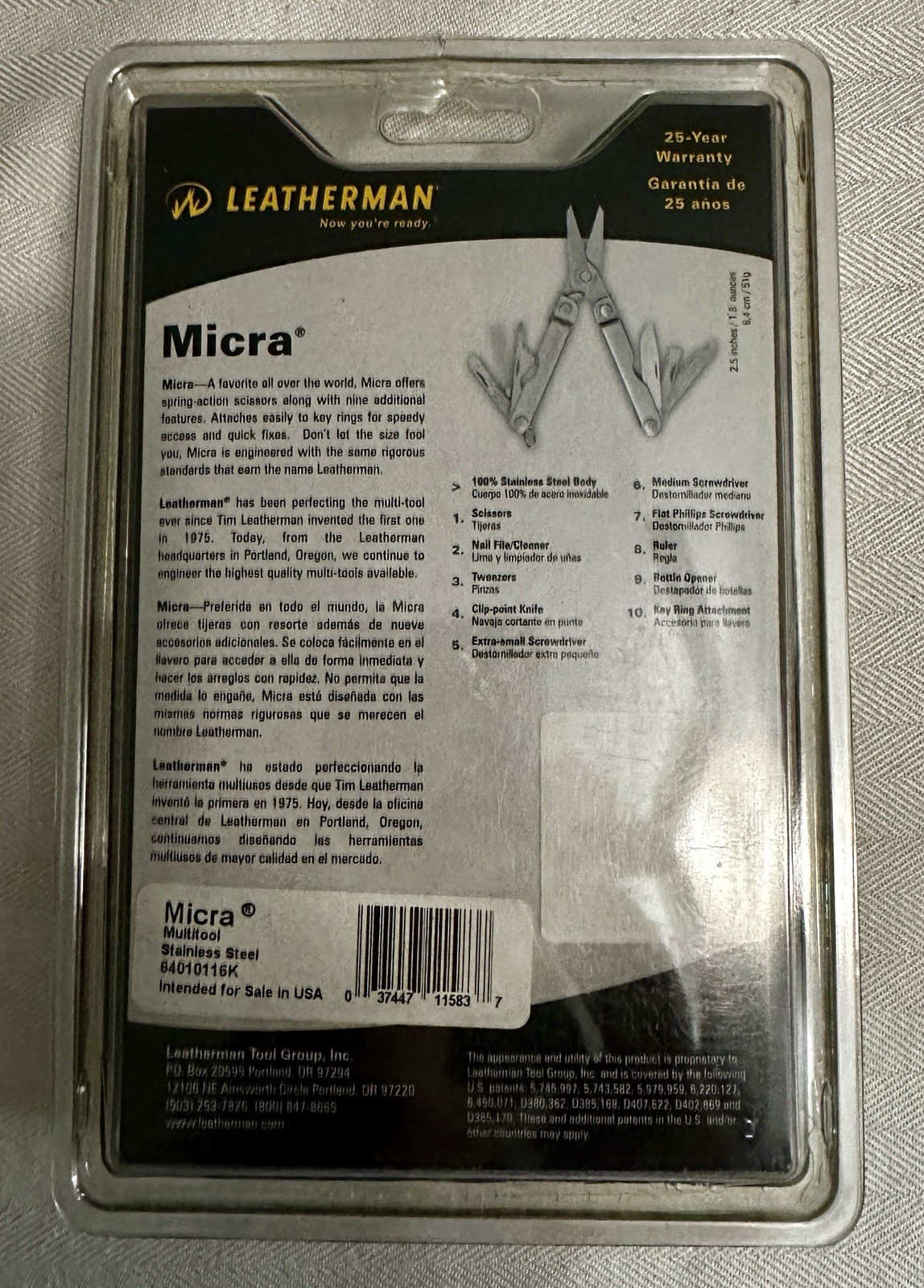 Leatherman Micra Multi-Tool Stainless Steel 10 Tools 64010116K Blister Pack VTG