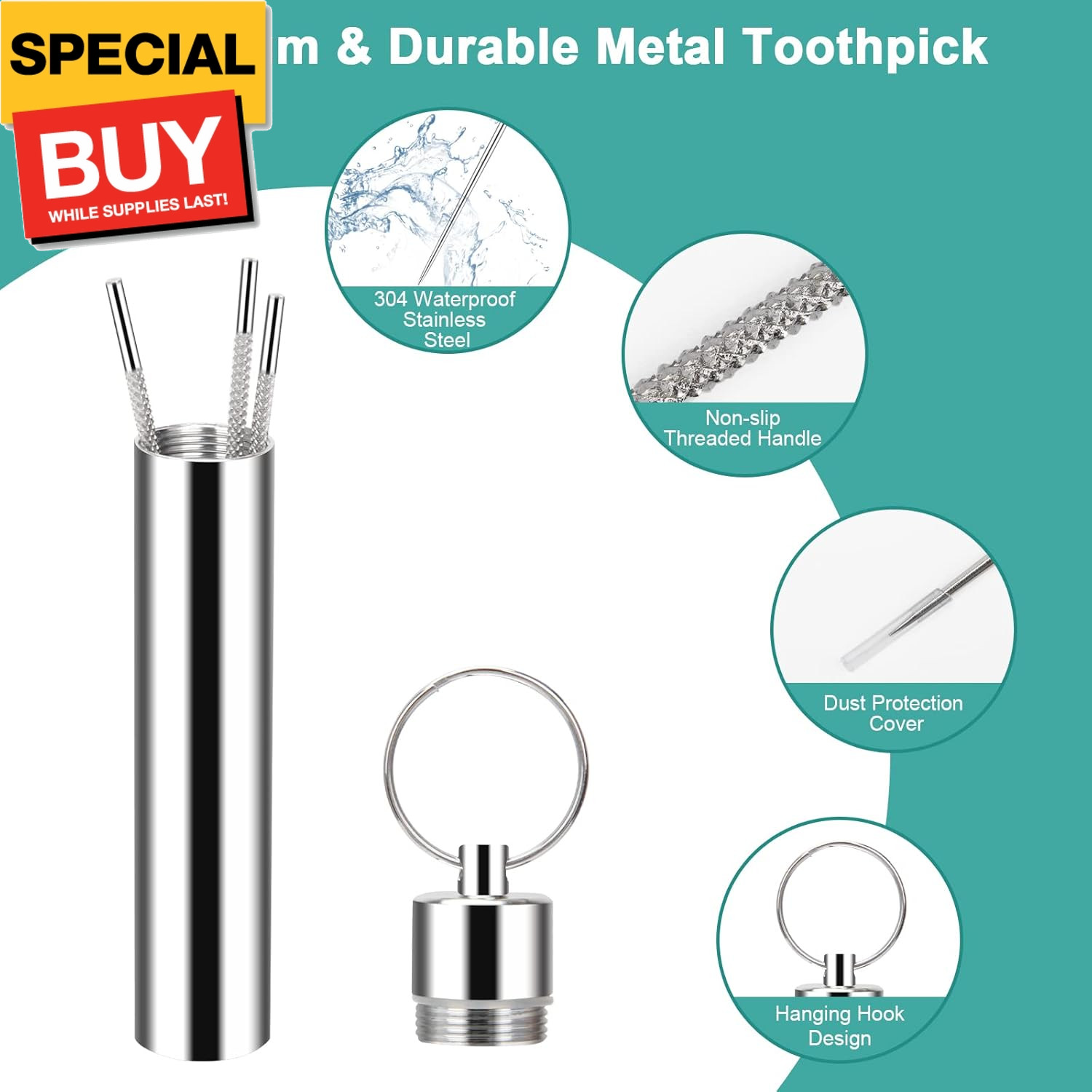 3 Pieces 2 Set Metal Toothpicks Kit, Reusable Toothpick Holder Portable Stainles