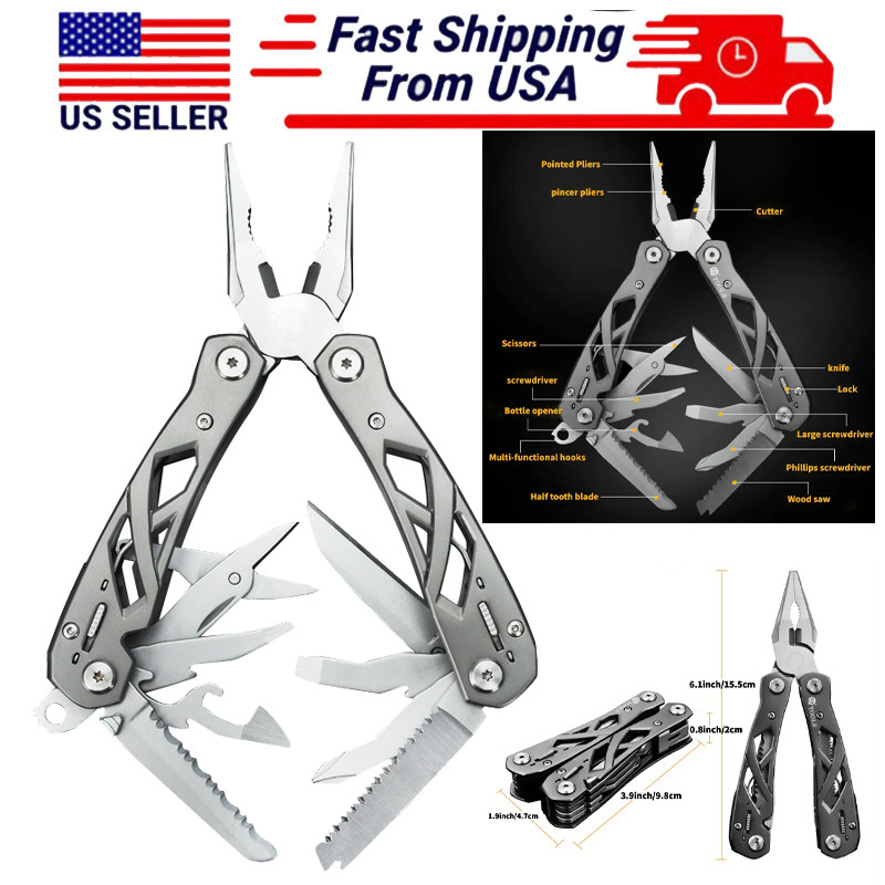 12 In 1 EDC Multi Plier Multitool Pocket Knife Needle Nose Pliers Wire Cutter