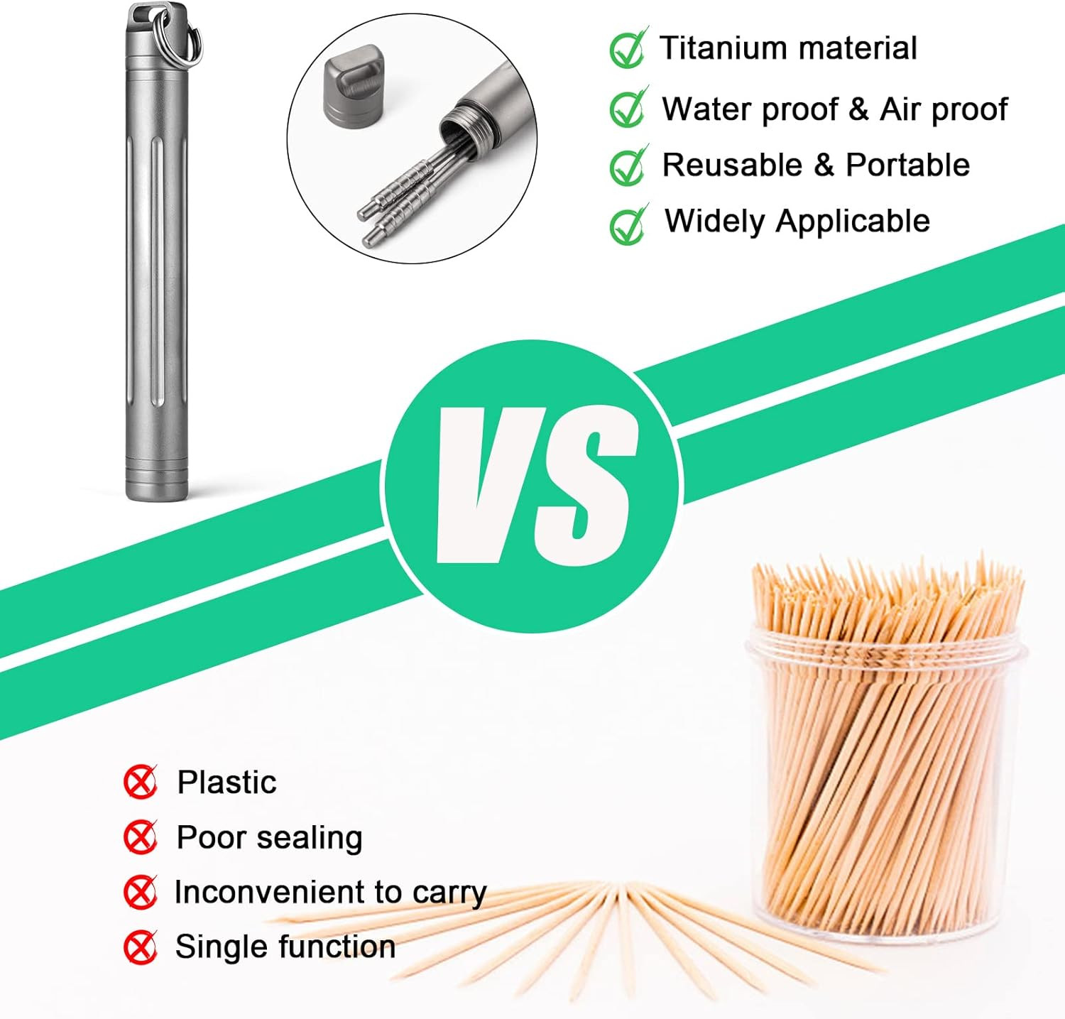 Titanium Portable Toothpick Holder Pocket with 3 Titanium Metal Toothpicks Reusa
