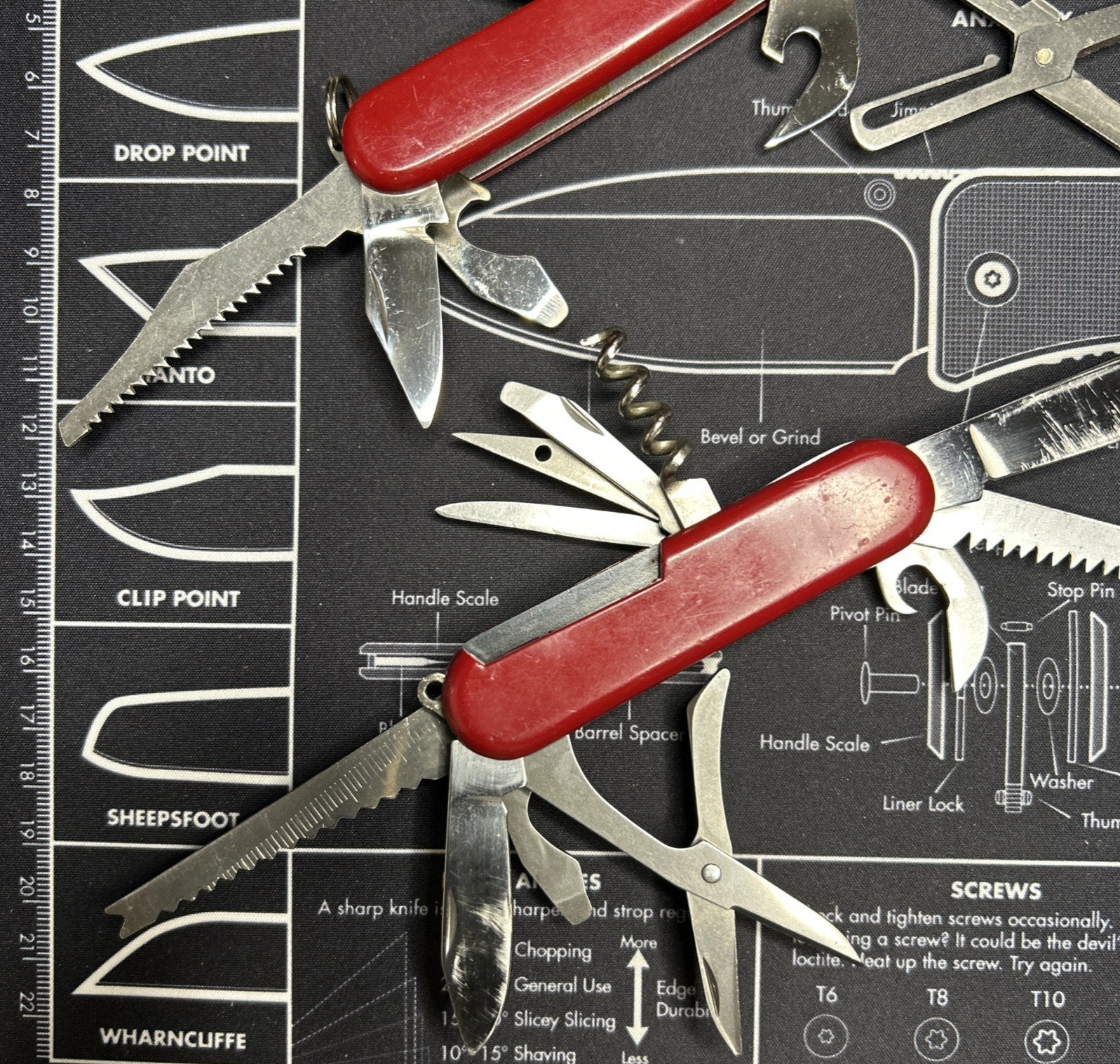 Lot Of 3 Vintage Japan Red Multi Tool Folding Knives Good USED Tools Clean Sharp