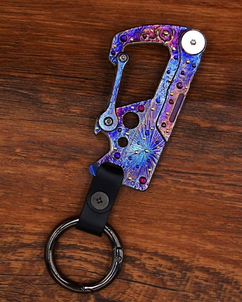 EDC Titanium Alloy Meteorite Pattern Key Chain Carabiner Outdoor Folding Knife