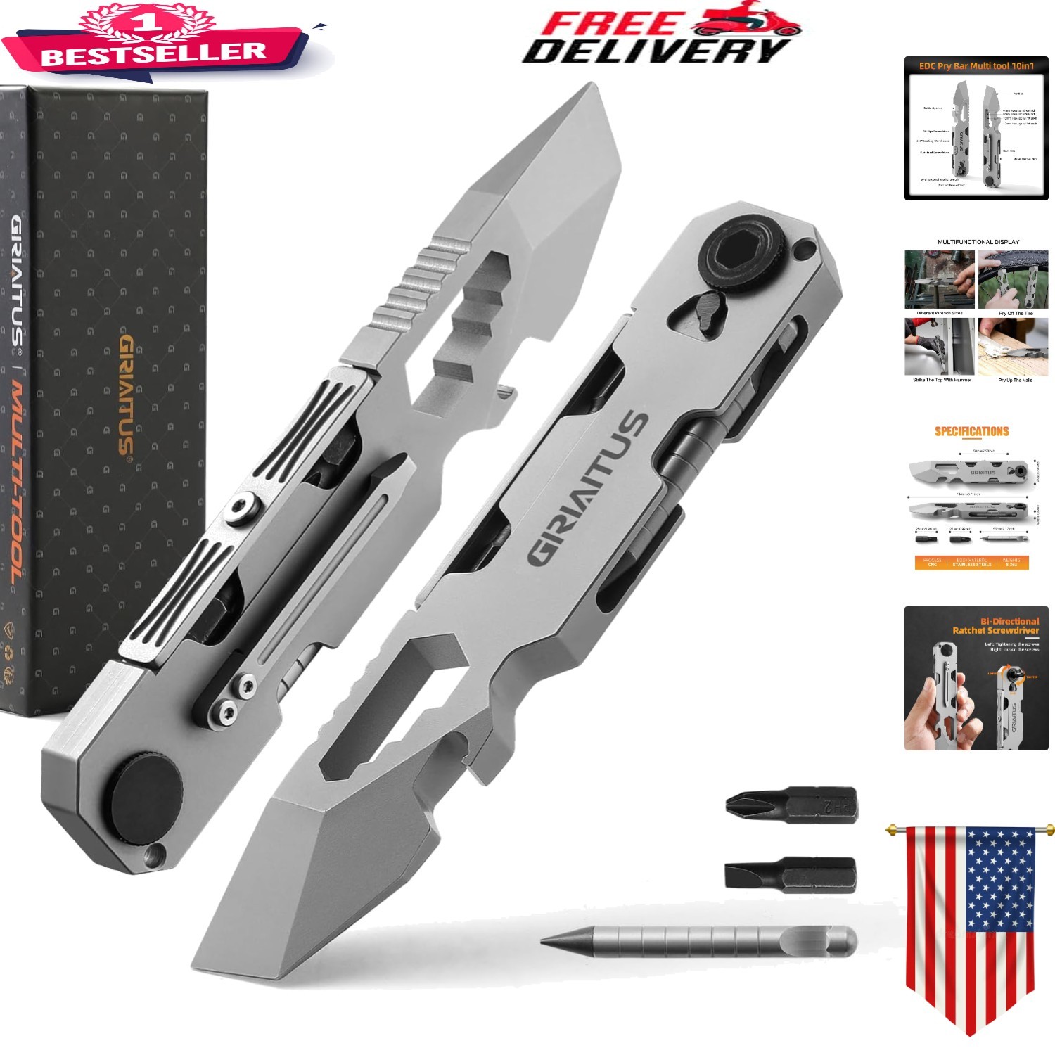 All-in-One EDC Tool: Pry Bar, Ratchet Screwdriver, & Everlasting Magnetic Pen