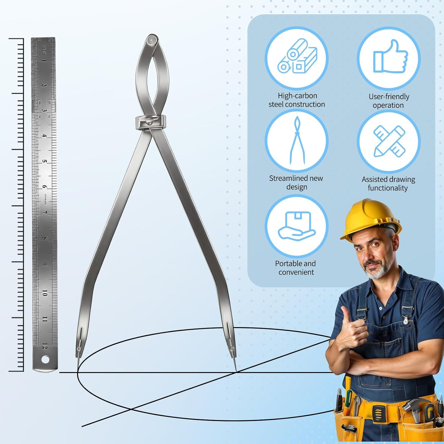 Radius Divider Tool 20″ in with Bonus 12″ Stainless Steel Ruler, Heavy Duty Wing