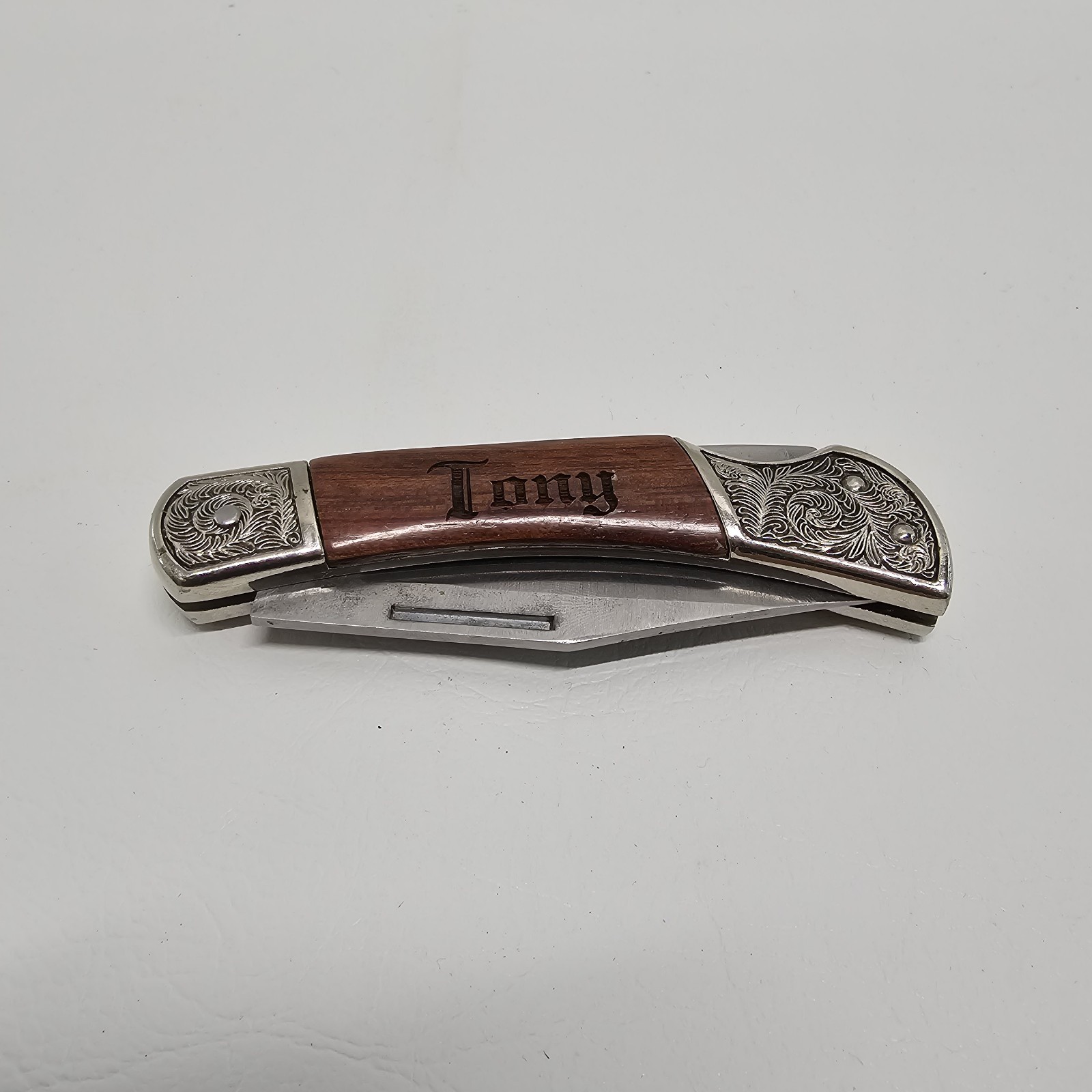 Vintage Folding Pocket Knife “Tony” Engraved Handle – Ornate Bolsters – 7″ Open