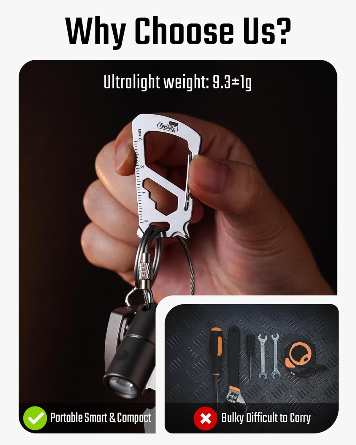 KS00S Carabiner Clip Multitool Stainless Steel 7 Tools in 1, Quick Release Clasp