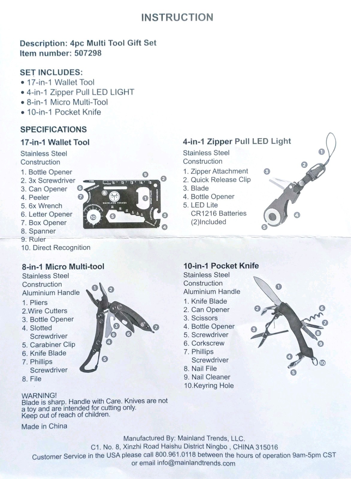 4pc Purple Multi-Tool Set Wallet Tool, LED Light, Micro Multi-Tool, Pocket Knife