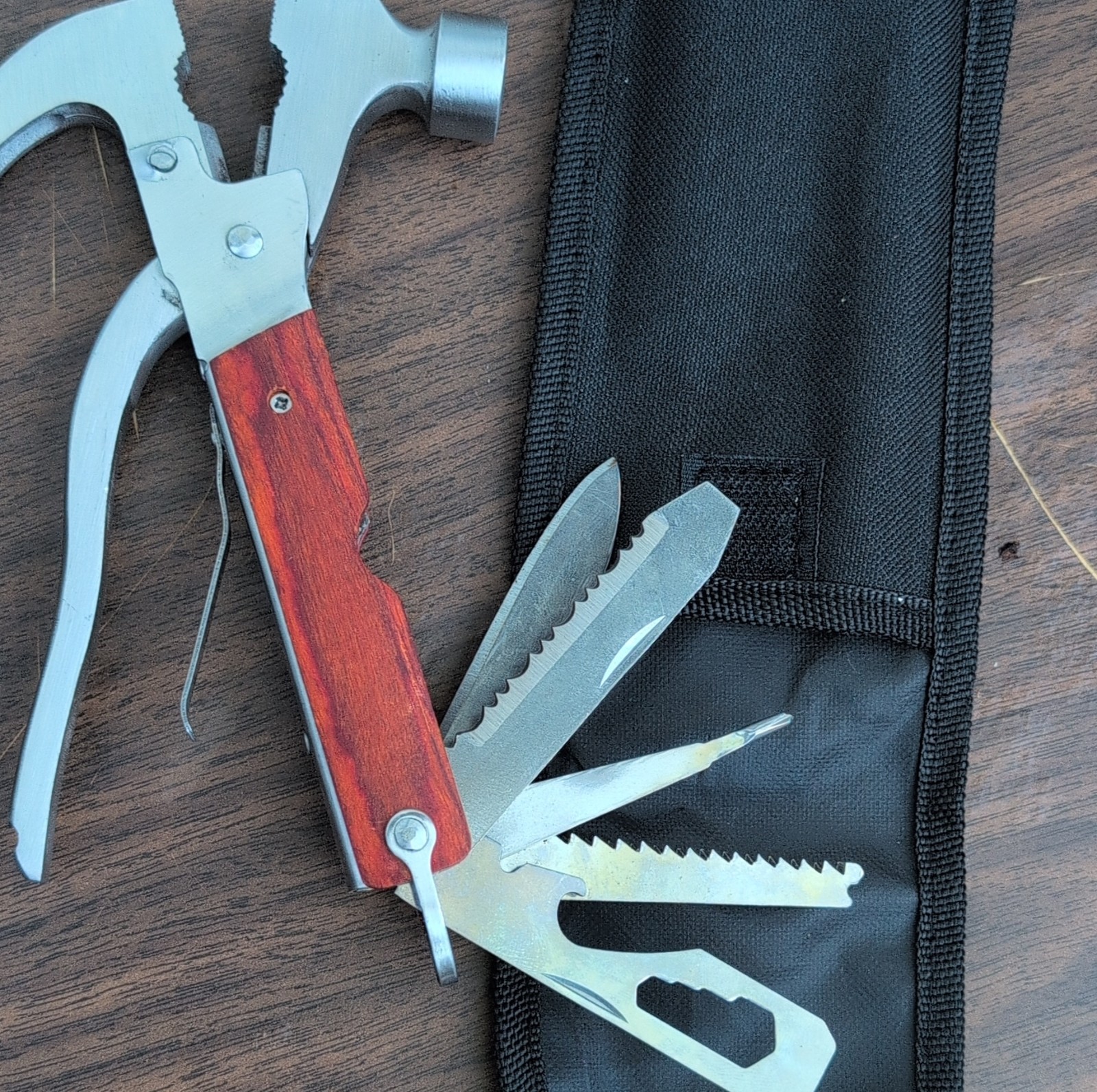 Multi-Tool Hammer Knife Saw Stainless Steel Wood Handle with Sheath