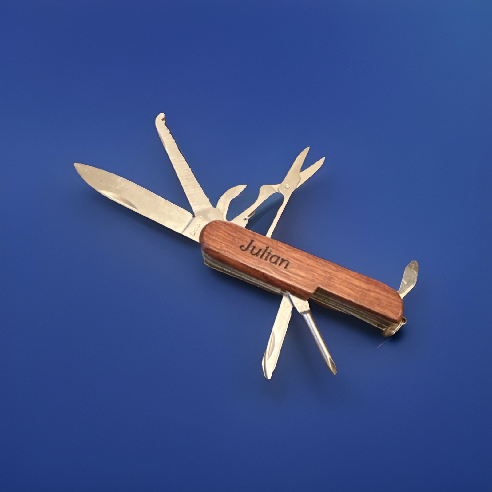 Wood & Stainless Steel Camping Multi-Tool, 7 Functions, Knife, Scissors
