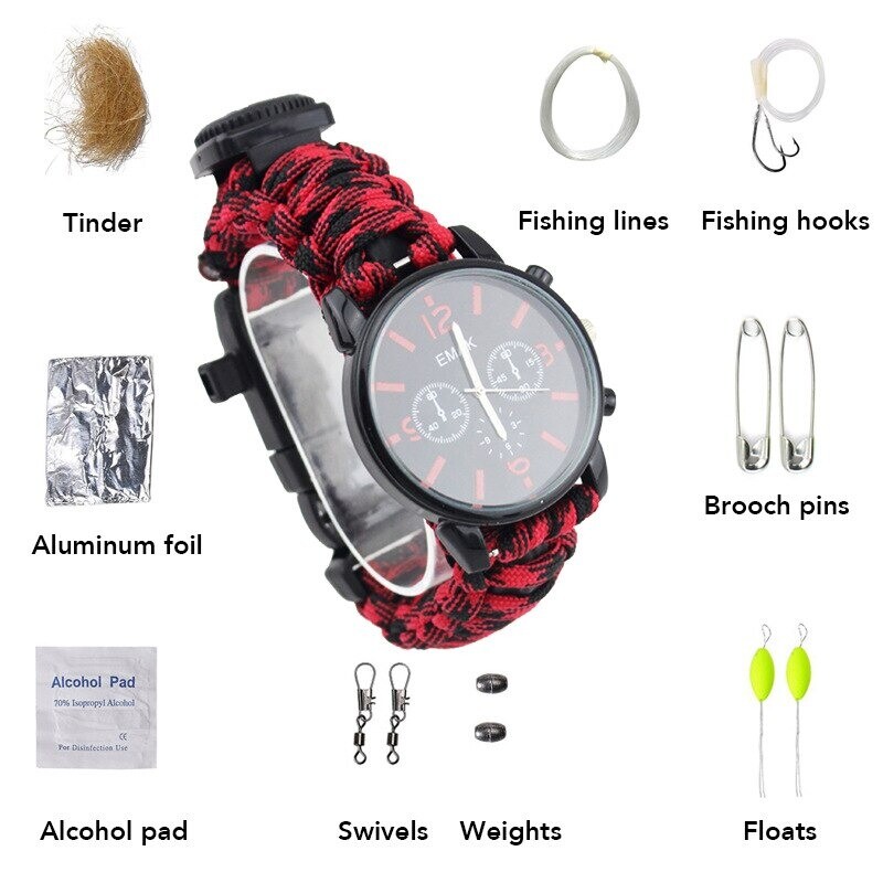 Emergency Survival Outdoor Watch Analogue Compass Paracord Flint And Steel Kit