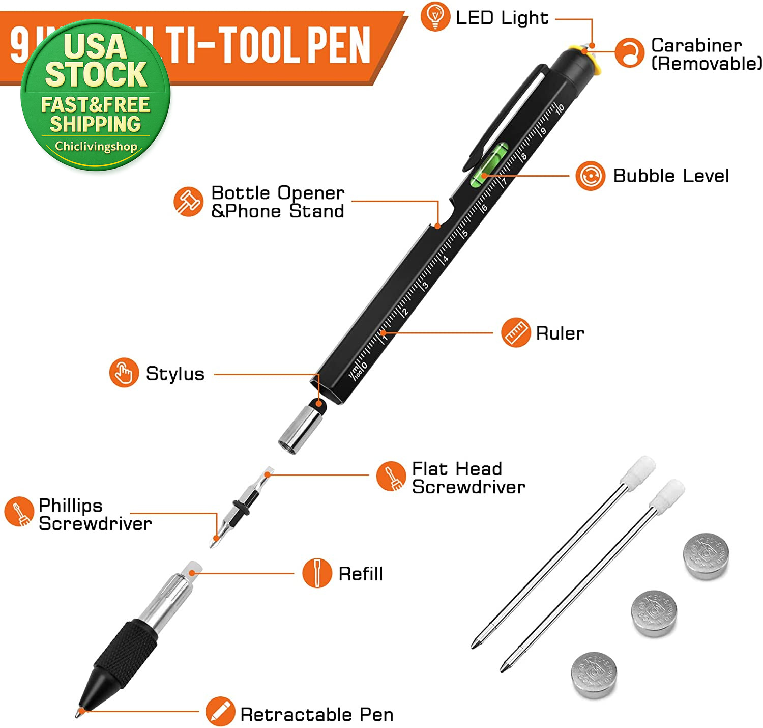 9 in 1 Multitool Pen Gifts for Dad Husband Men Tools Gadgets Black