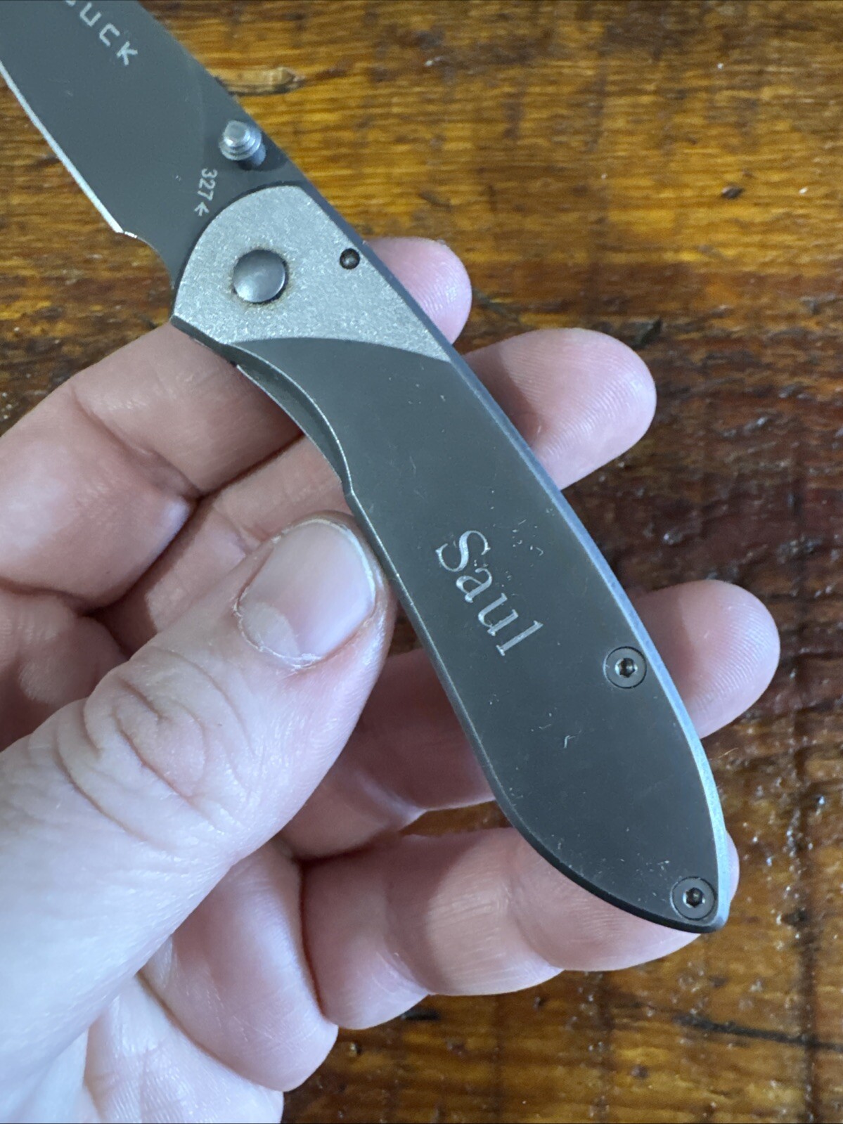 Buck Knives 327 Nobleman Framelock Titanium Folding Pocket Knife. Engraved Saul