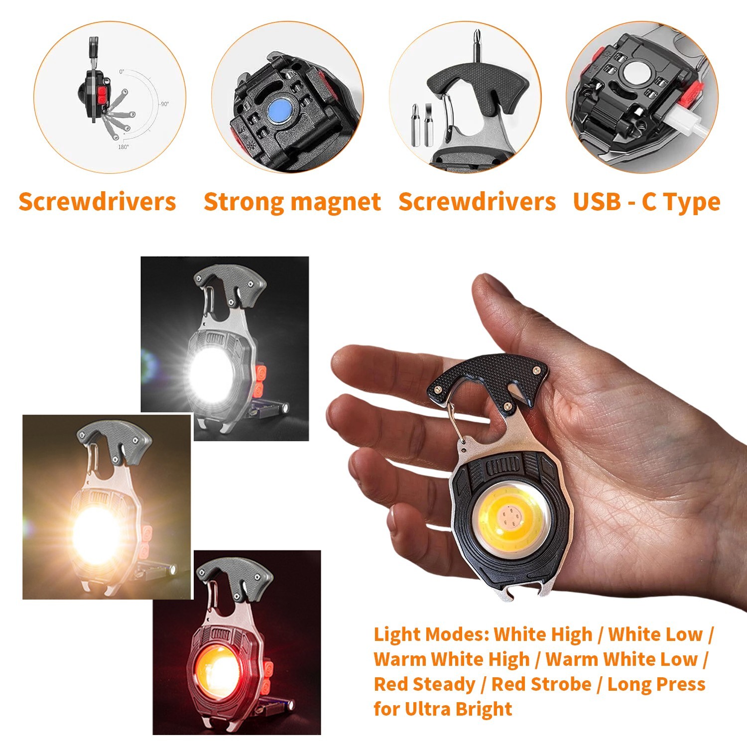 7-in-1 Multi Tool Carabiner Flashlight Emergency Fire Starter Survival Gear