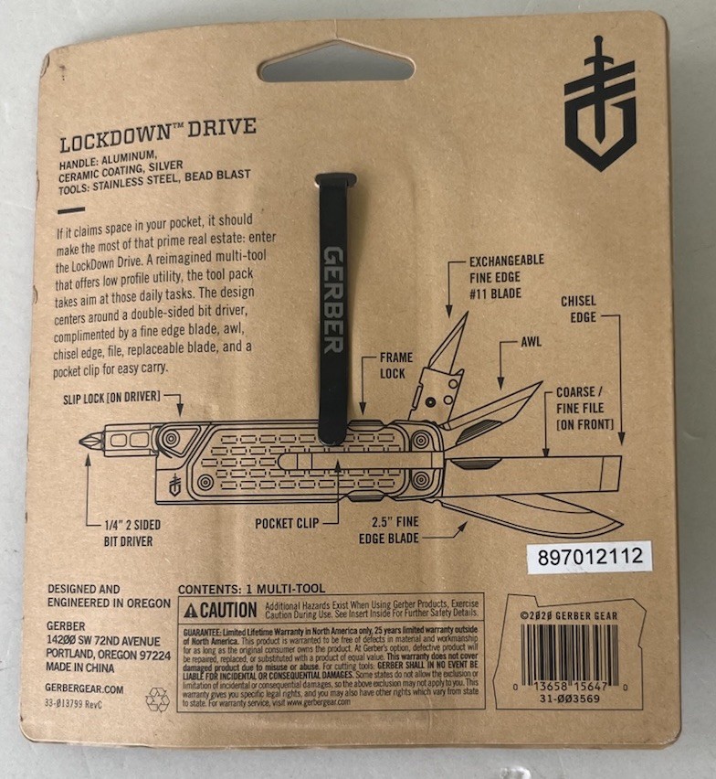 Gerber Lockdown Drive Multi-Tool 31-003569 8 Tools Silver/Black Pocket Clip NEW