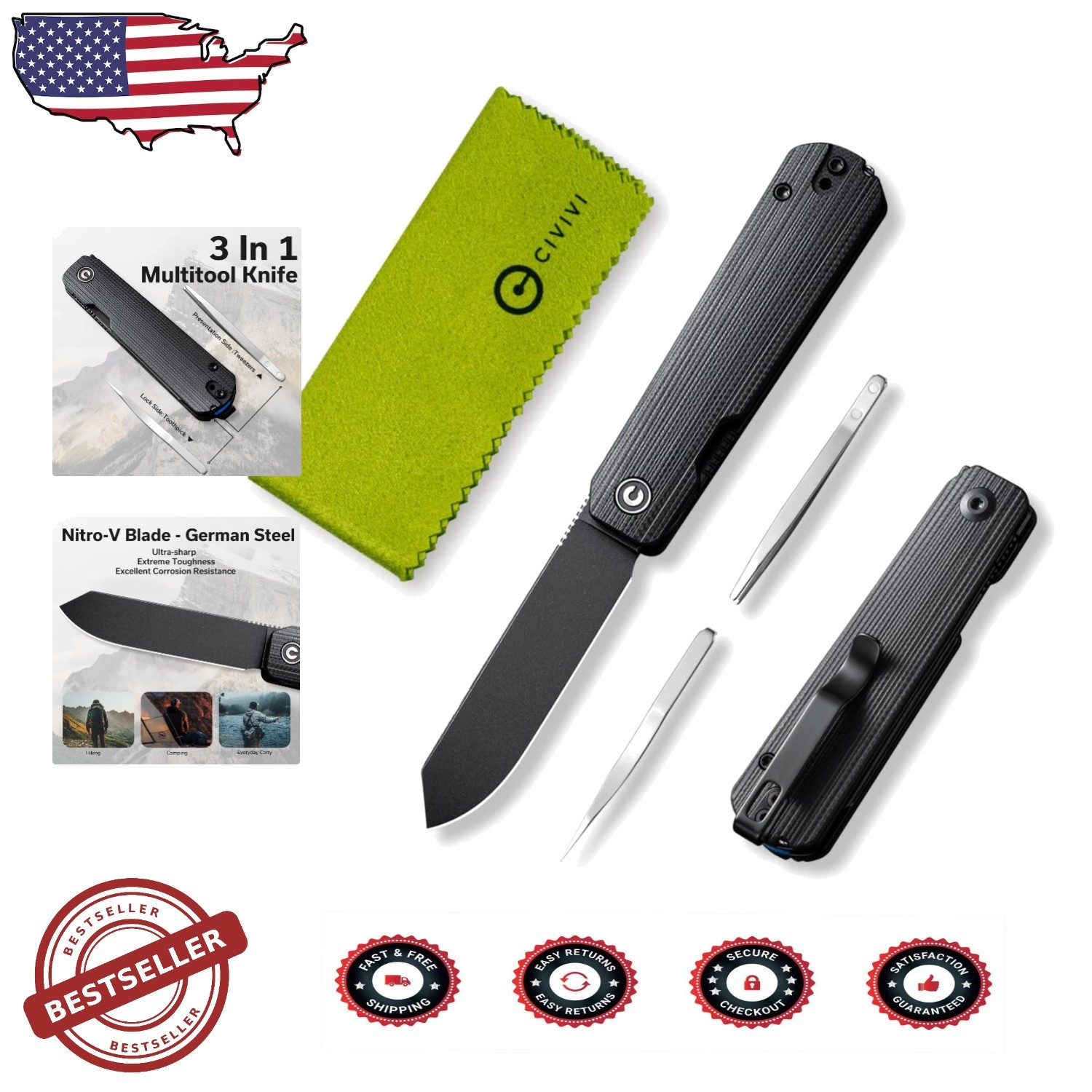 Sendy Folding Knife 3-in-1 Multitool, Nitro-V Blade, Ambidextrous, Men Gift
