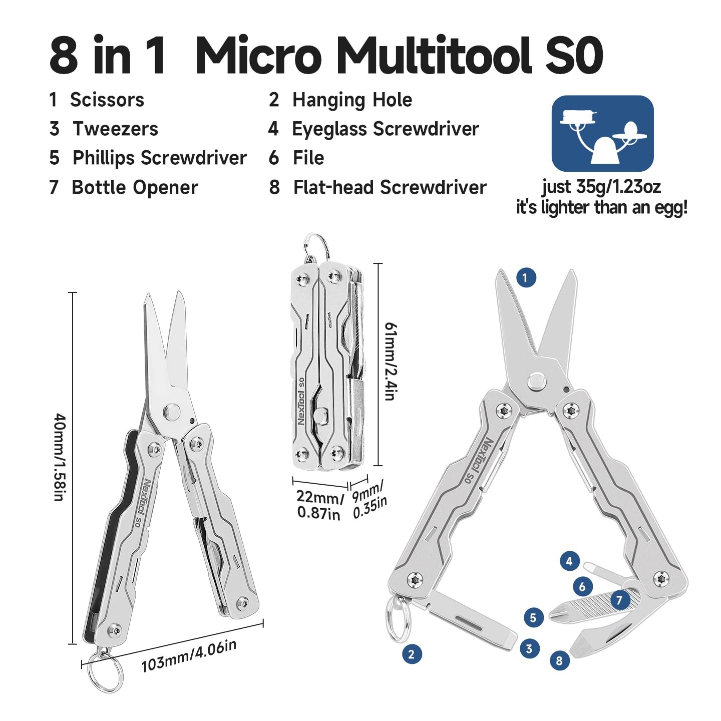 Micro Sailor Scissors S0, Mini Keychain Multitool with Serrated Scissors, 8-i…