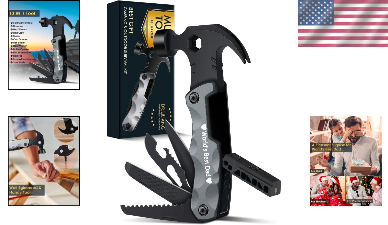 Compact 13-in-1 Stainless Steel Hammer Tool – Essential for Camping and Repairs