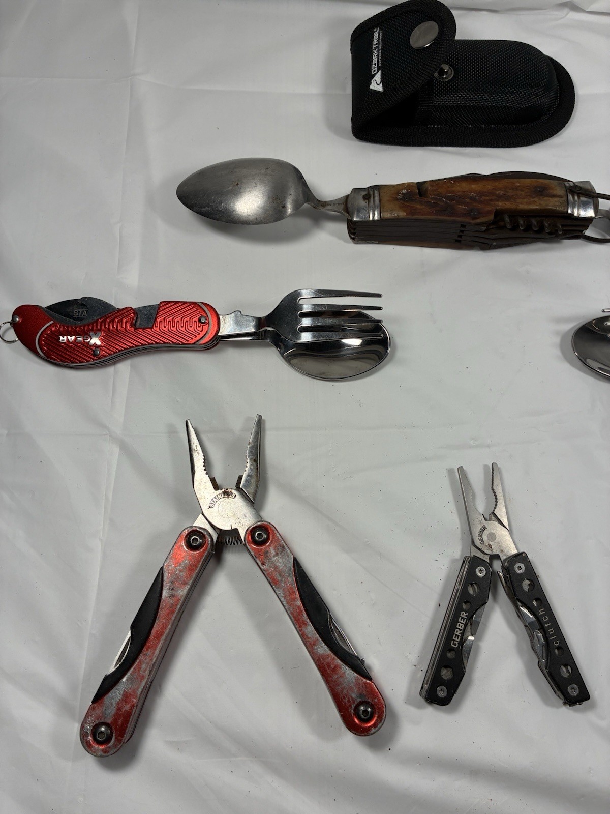 Lot of 6, Assorted Utility Folding Knives? Camping, Plyers, Fork, Spoon, Hobo?