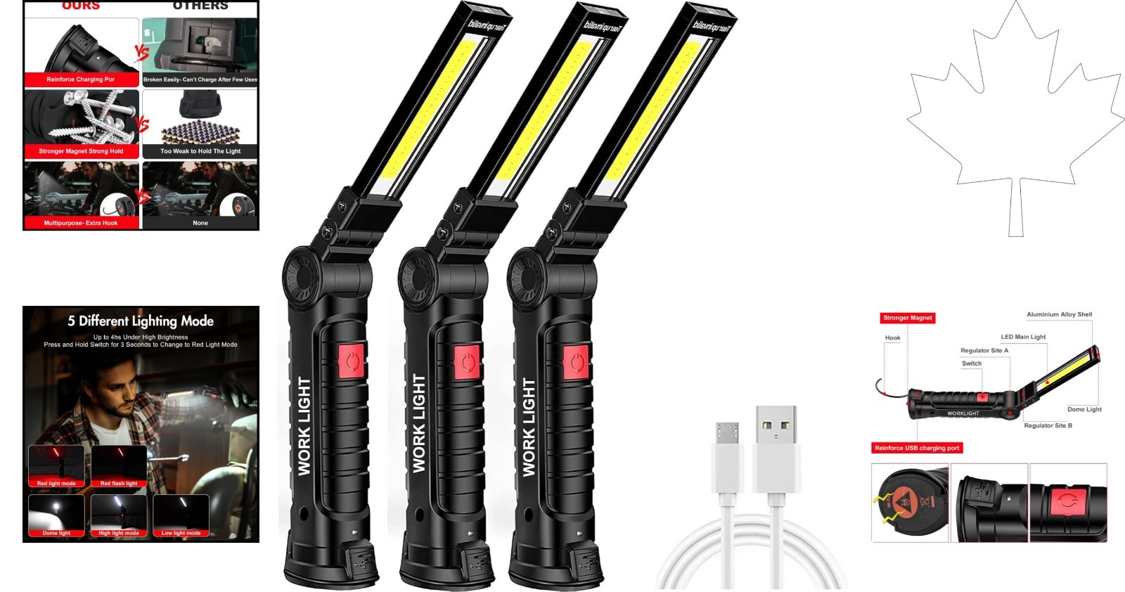 Magnetic Rechargeable Work Light with 360° Rotation & 5 Lighting Modes – 3PCS