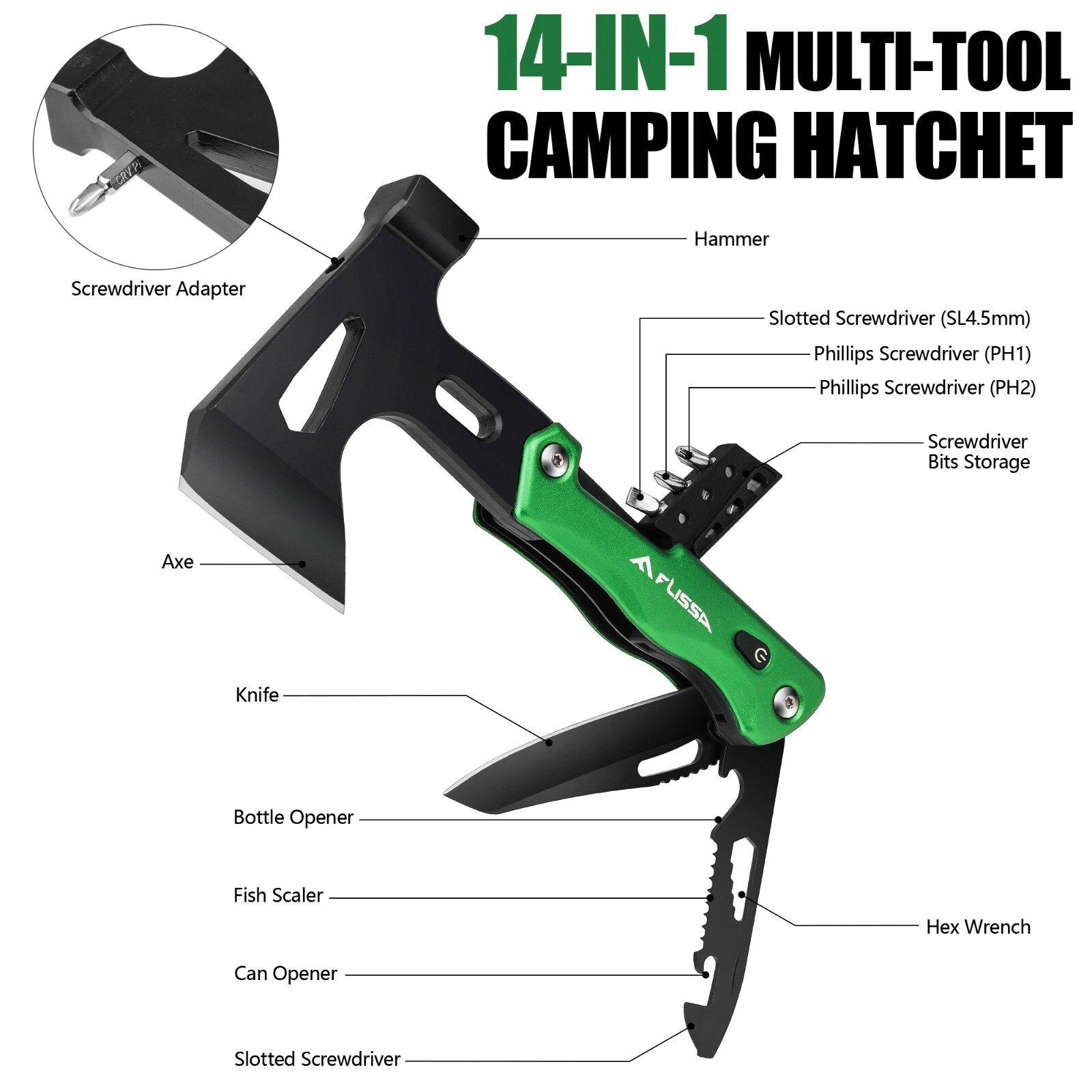 FLISSA 13 in 1 Multitool Camping Hatchet with Sheath Multifunctional Ax
