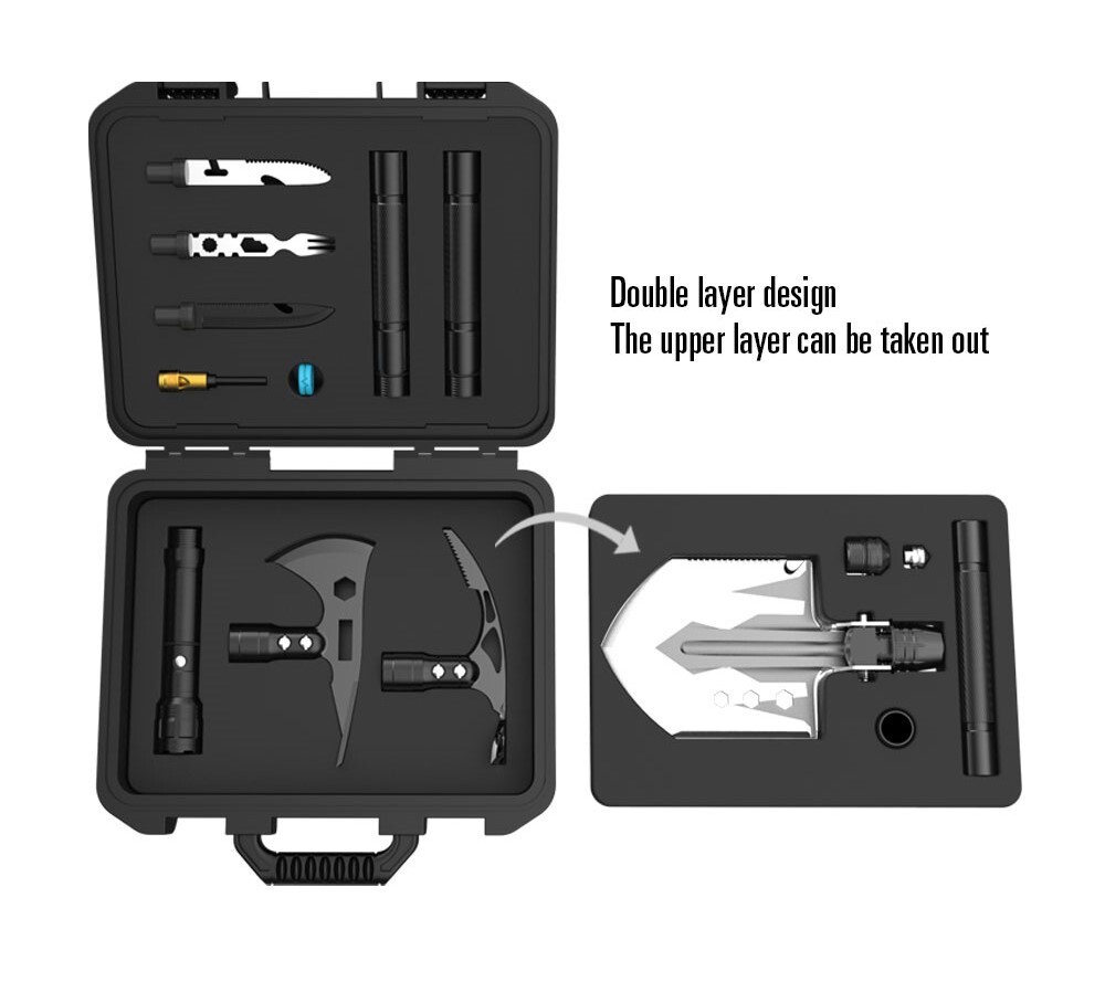 Multifunction Tool with Shovel, Axe, Pick, Hoe, and other tools in a hard case