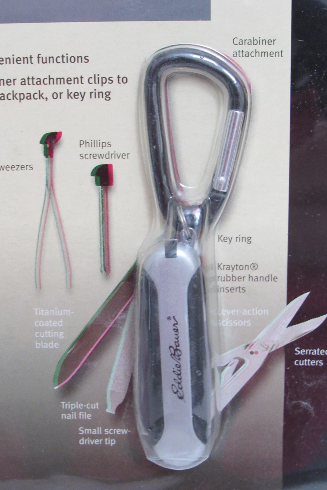 Eddie Bauer 7-Function Pocket Tool Knife, Screwdrivers, Scissors, Carabiner New