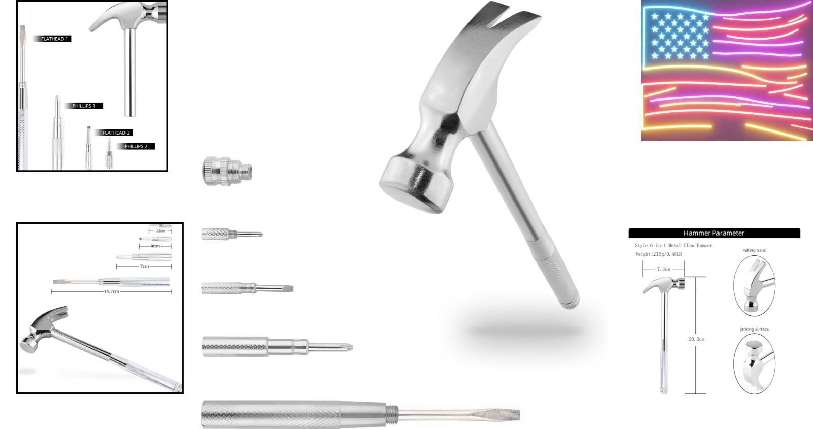 Mini Metal Hammer 6 in 1 with Slotted/Flat Head Phillips Screwdriver Claw Ham…