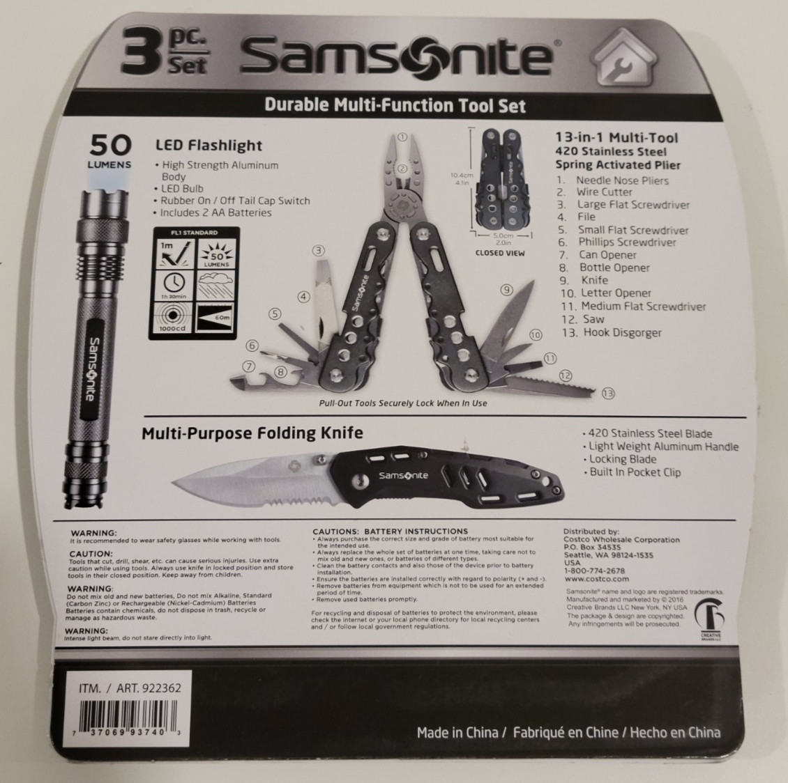 Samsonite 3 PC 13 in 1 Multi Tool Set Flashlight Folding Knife & Battery