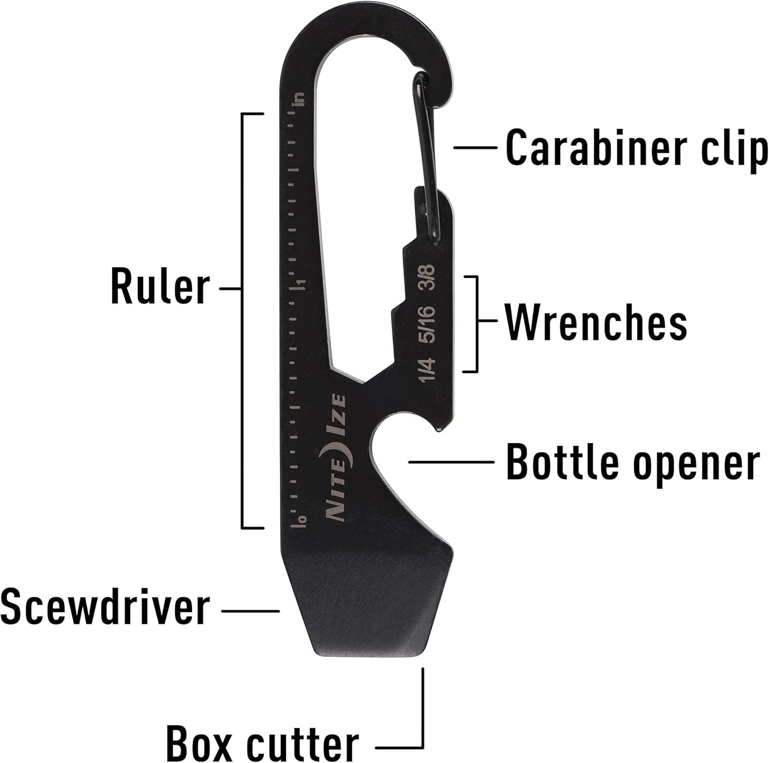 DoohicKey 5-in-1 Stainless Steel Keychain Multi Tool with Carabiner Clip – Black
