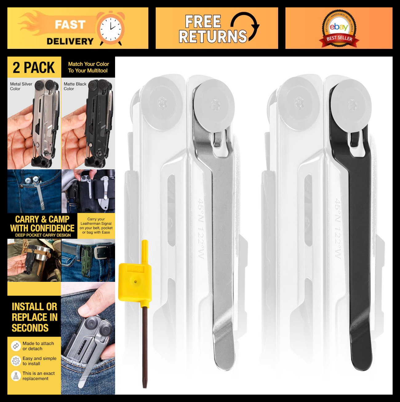 2-Pack Stainless Steel Pocket Clips for Multi-Tools – Black & Silver – Easy Inst