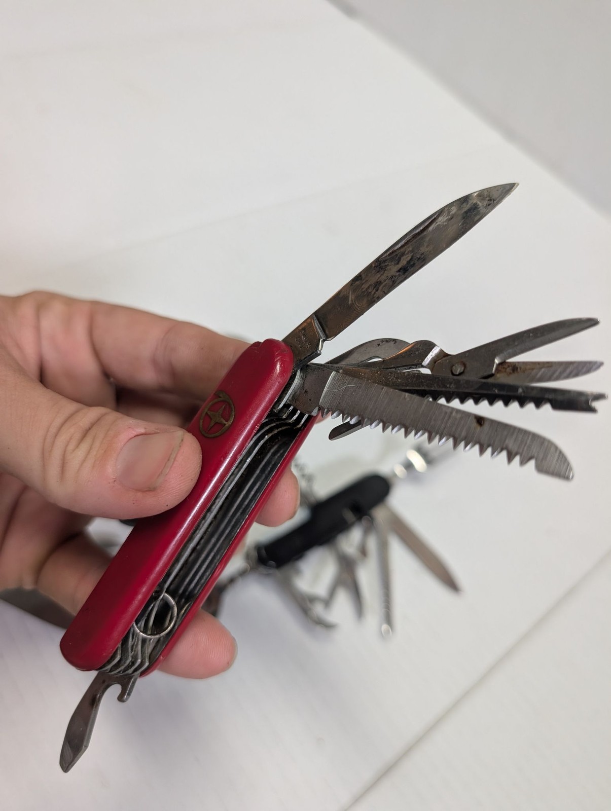 Multi Tool Pocket Knife Set 4pc Red Silver Black Camping Fork Spoon Corkscrew